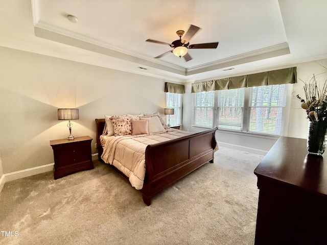 925 Hidden Jewel Ln, Wake Forest, NC 27587 - bedroom featuring a raised ceiling, ornamental molding, carpet, and ceiling fan