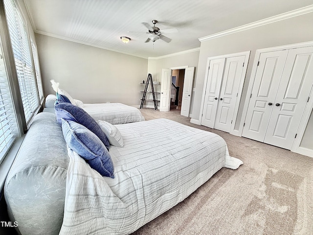 925 Hidden Jewel Ln, Wake Forest, NC 27587 - bedroom featuring carpet floors, crown molding, multiple closets, and a ceiling fan