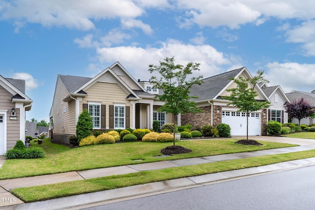 view of front of property with a garage, concrete driveway, a front yard, a shingled roof, and stone siding