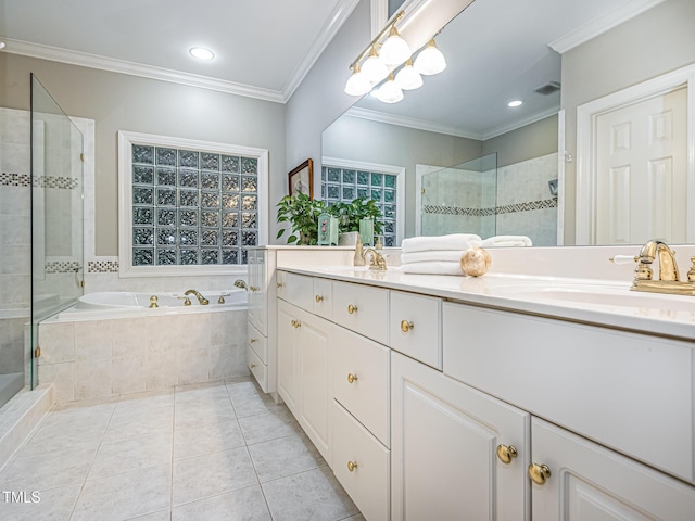 5401 Fire Pink Way, Raleigh, NC 27613 - bathroom with double vanity, a garden tub, a shower stall, tile patterned floors, and ornamental molding