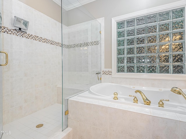 5401 Fire Pink Way, Raleigh, NC 27613 - full bathroom with a stall shower, a bath, and ornamental molding