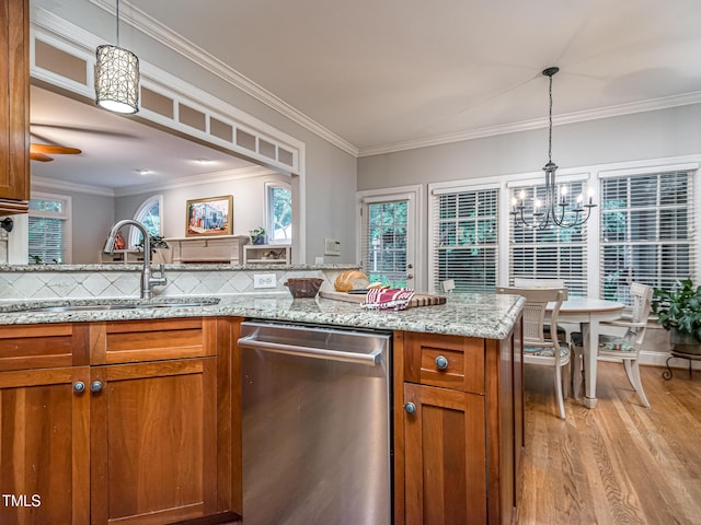 5401 Fire Pink Way, Raleigh, NC 27613 - kitchen featuring dishwasher, light wood finished floors, a sink, brown cabinetry, and backsplash