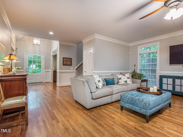 5401 Fire Pink Way, Raleigh, NC 27613 - living room with ceiling fan, crown molding, light wood-style floors, wainscoting, and recessed lighting