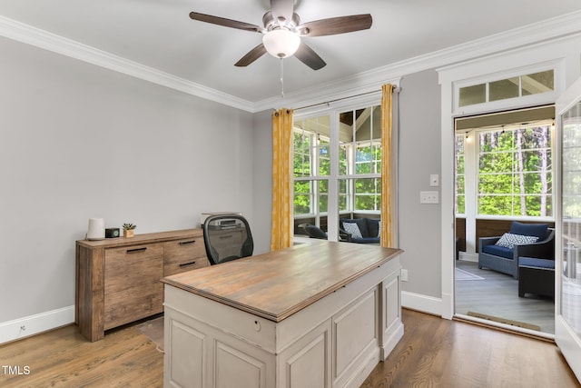 128 Paraggi Ct, Clayton, NC 27527 - office area with crown molding, baseboards, ceiling fan, and wood finished floors