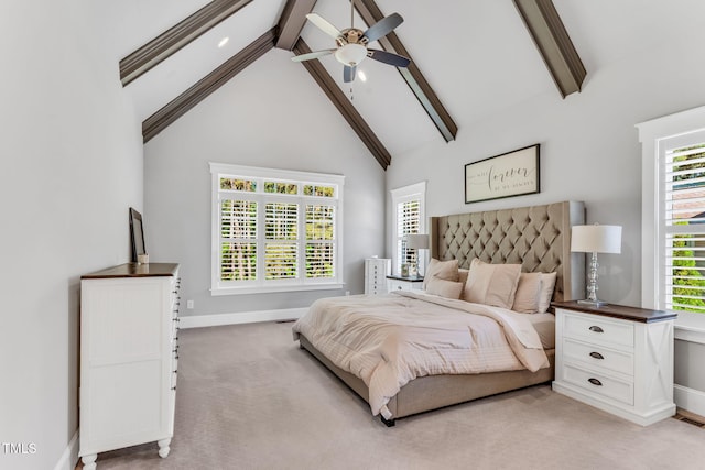 128 Paraggi Ct, Clayton, NC 27527 - bedroom with ceiling fan, light colored carpet, beam ceiling, high vaulted ceiling, and baseboards