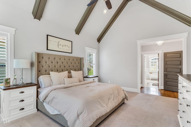 128 Paraggi Ct, Clayton, NC 27527 - bedroom featuring light carpet, high vaulted ceiling, ceiling fan with notable chandelier, baseboards, and beamed ceiling