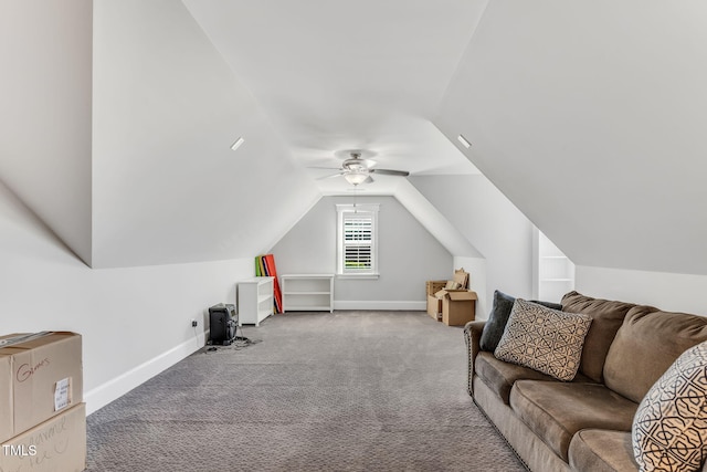 128 Paraggi Ct, Clayton, NC 27527 - interior space with carpet floors, ceiling fan, baseboards, and lofted ceiling