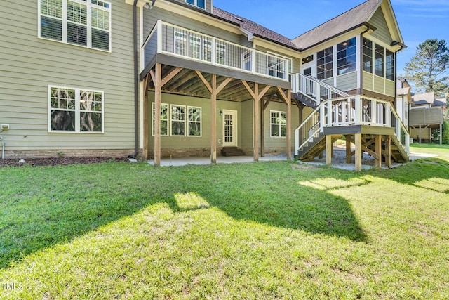 128 Paraggi Ct, Clayton, NC 27527 - back of house with a wooden deck, a yard, a patio area, and stairway