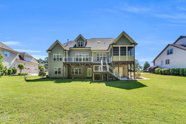 128 Paraggi Ct, Clayton, NC 27527 - rear view of house with a sunroom, stairs, a wooden deck, and a yard