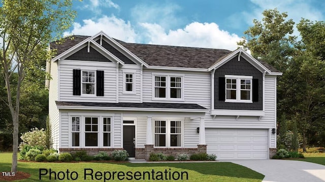 view of front of home featuring a garage, a front lawn, brick siding, and concrete driveway