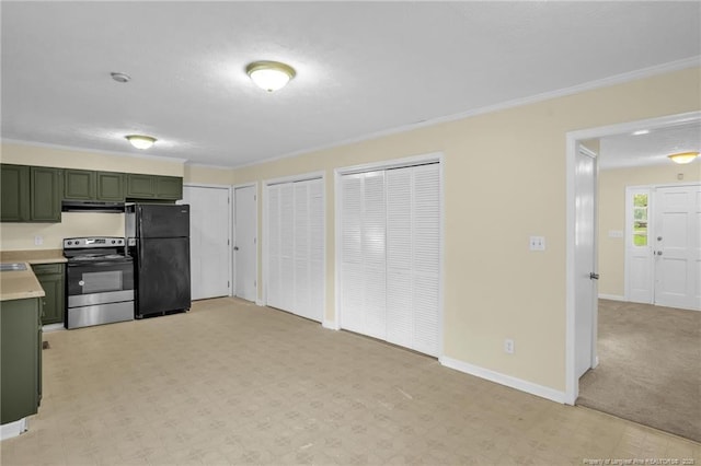 9701 Rockfish Rd, Fayetteville, NC 28376 - kitchen featuring green cabinetry, stainless steel range with electric stovetop, freestanding refrigerator, light countertops, and crown molding