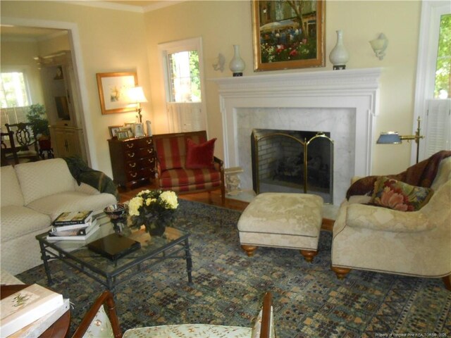 600 Yorkshire Pl, Lumberton, NC 28358 - living area with ornamental molding, a healthy amount of sunlight, and a fireplace