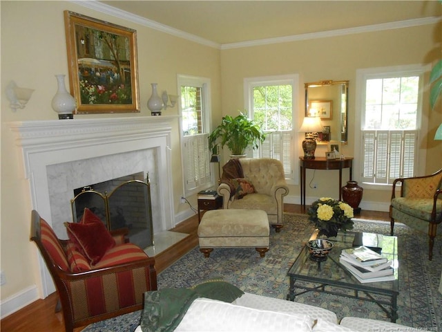 600 Yorkshire Pl, Lumberton, NC 28358 - living room with a high end fireplace, wood finished floors, baseboards, and ornamental molding