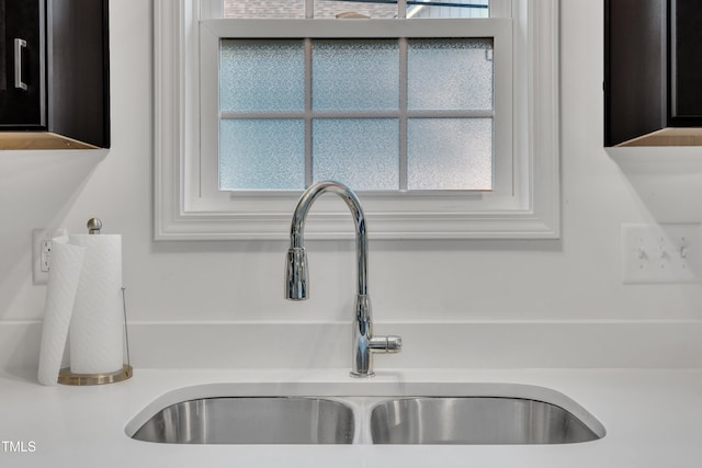 details featuring light countertops, dark cabinetry, and a sink