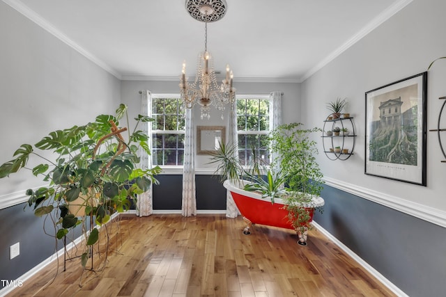 entrance foyer with a chandelier, wood finished floors, baseboards, and ornamental molding