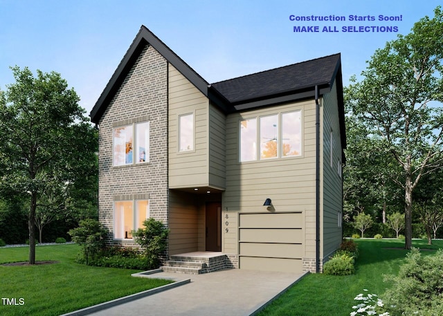 view of front facade featuring an attached garage, a front lawn, brick siding, and concrete driveway