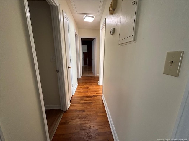hallway with hardwood / wood-style floors, electric panel, and baseboards