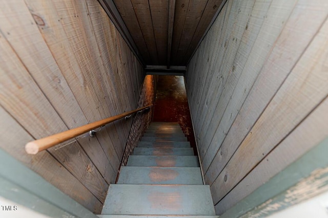 stairway featuring wooden walls