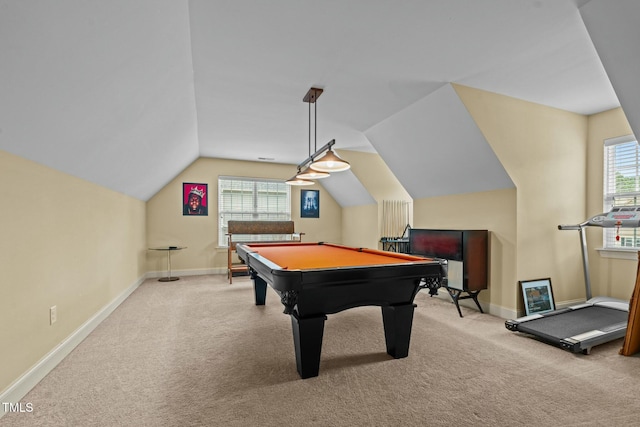 recreation room with carpet floors, plenty of natural light, vaulted ceiling, pool table, and baseboards
