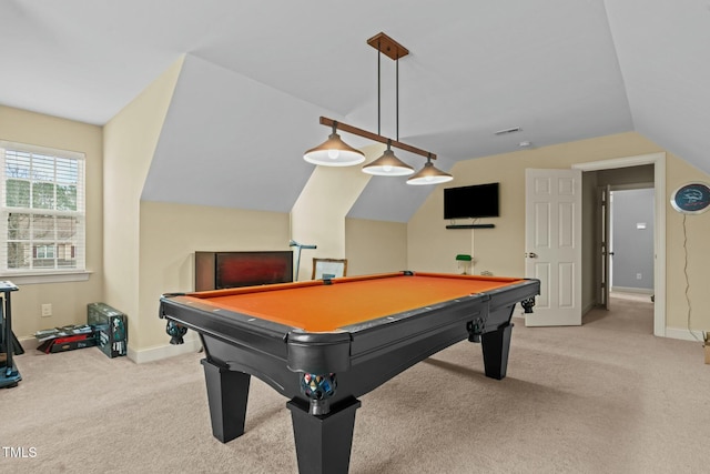 rec room featuring carpet flooring, vaulted ceiling, baseboards, and billiards