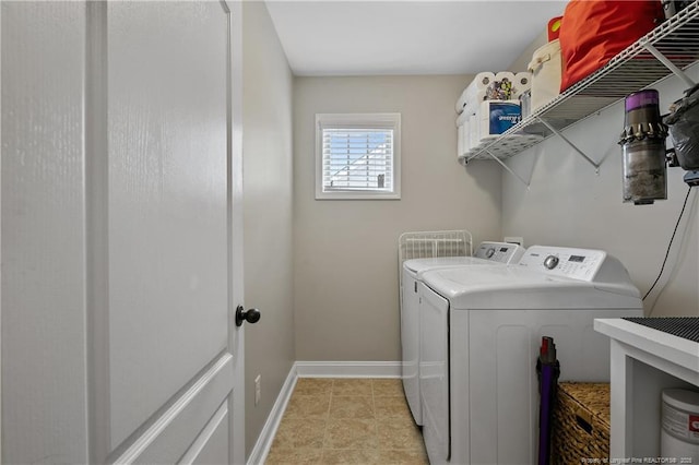 laundry room featuring independent washer and dryer and baseboards