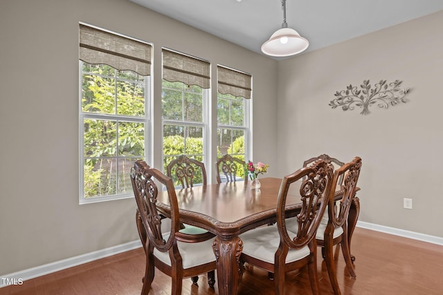 dining area with baseboards and wood finished floors