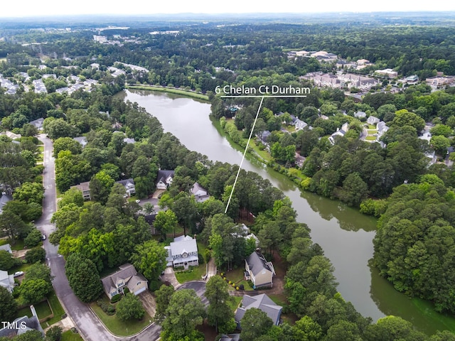 6 Chelan Ct, Durham, NC 27713 - view of property location featuring a large body of water, property parcel outlined, nearby suburban area, and a heavily wooded area