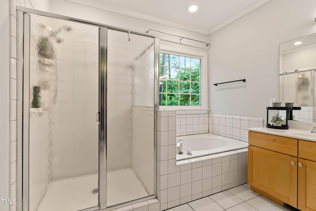 6 Chelan Ct, Durham, NC 27713 - bathroom with vanity, a garden tub, a shower stall, tile patterned floors, and crown molding