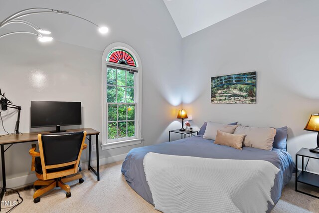 6 Chelan Ct, Durham, NC 27713 - carpeted bedroom featuring vaulted ceiling, an office area, and baseboards