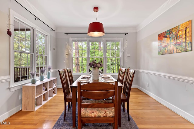 6 Chelan Ct, Durham, NC 27713 - dining space with light wood-style flooring, baseboards, and crown molding