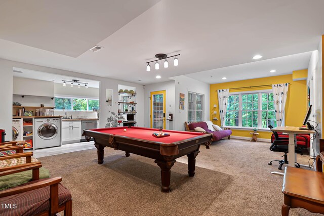 6 Chelan Ct, Durham, NC 27713 - game room featuring washer and clothes dryer, billiards, rail lighting, recessed lighting, and light carpet