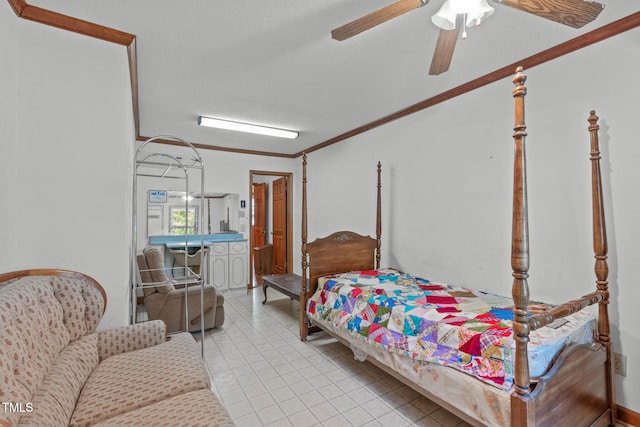 bedroom featuring crown molding, ceiling fan, and light tile patterned floors