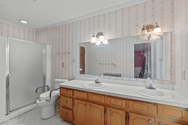 full bath featuring tile patterned flooring, a sink, a stall shower, and toilet