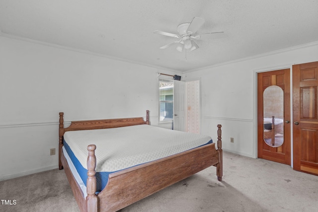 bedroom with crown molding, a ceiling fan, and light carpet