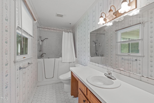 bathroom with wallpapered walls, visible vents, shower / bath combination with curtain, and a healthy amount of sunlight