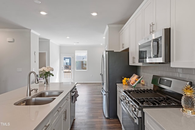 321 Devon Cliffs Dr, Wake Forest, NC 27587 - kitchen with appliances with stainless steel finishes, a sink, ornamental molding, dark wood-style flooring, and light countertops