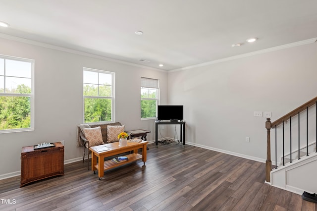 321 Devon Cliffs Dr, Wake Forest, NC 27587 - sitting room with crown molding, stairs, dark wood-type flooring, baseboards, and recessed lighting