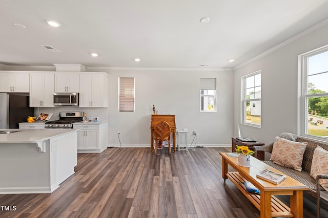 321 Devon Cliffs Dr, Wake Forest, NC 27587 - kitchen with stainless steel appliances, ornamental molding, dark wood finished floors, baseboards, and white cabinetry