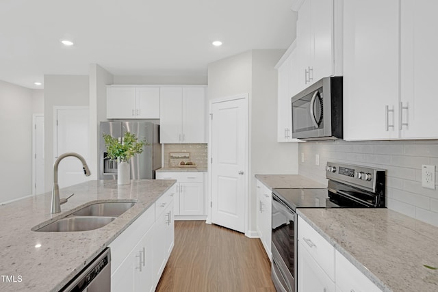 kitchen with a sink, appliances with stainless steel finishes, backsplash, and white cabinetry