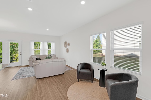 living room featuring baseboards, light wood finished floors, and a healthy amount of sunlight