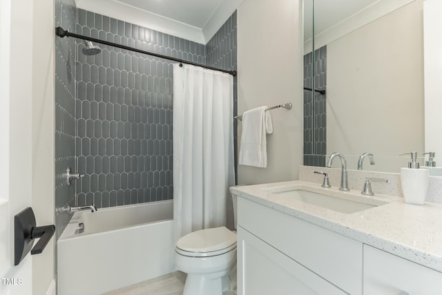 bathroom with shower / bathtub combination with curtain, toilet, and vanity