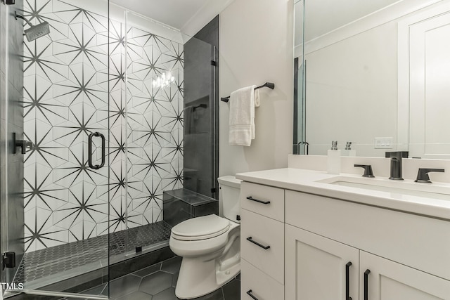 bathroom featuring tile patterned floors, a shower stall, toilet, and vanity