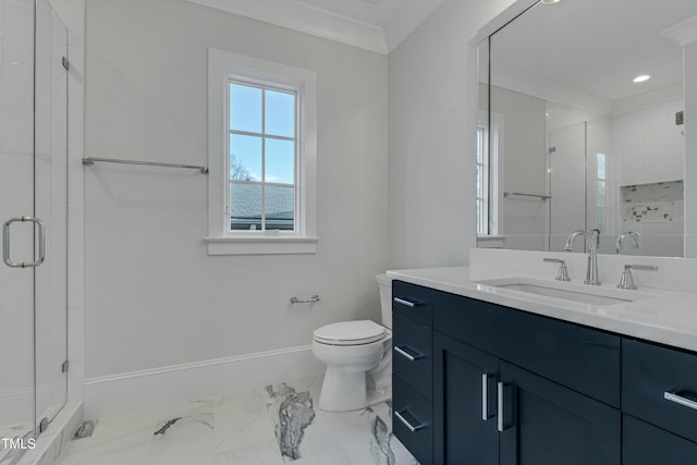 bathroom with marble finish floor, toilet, vanity, baseboards, and a stall shower
