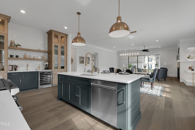 kitchen featuring a sink, wine cooler, backsplash, light countertops, and dishwasher