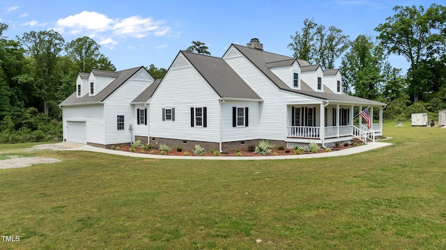 675 Anderson Creek Rd, Henderson, NC 27537 - cape cod home with a front lawn, a garage, crawl space, a chimney, and covered porch