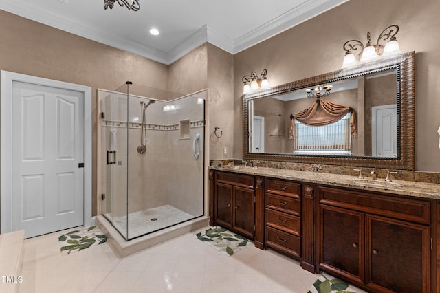 7212 Donneeford Rd, Wake Forest, NC 27587 - full bath featuring double vanity, a stall shower, ornamental molding, and tile patterned flooring