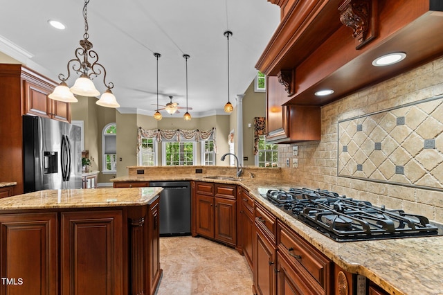 7212 Donneeford Rd, Wake Forest, NC 27587 - kitchen with dishwasher, stainless steel fridge with ice dispenser, a sink, black gas cooktop, and crown molding