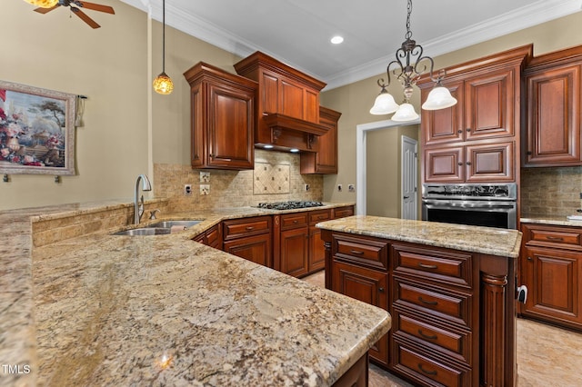 7212 Donneeford Rd, Wake Forest, NC 27587 - kitchen featuring oven, a sink, crown molding, light stone countertops, and decorative backsplash