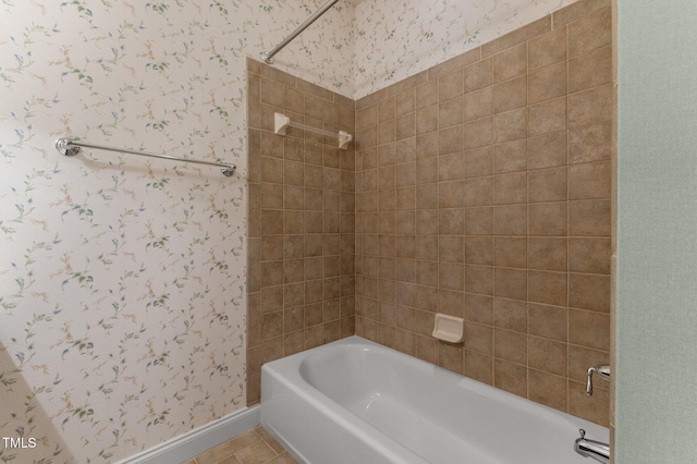 7212 Donneeford Rd, Wake Forest, NC 27587 - bathroom with wallpapered walls, baseboards, shower / washtub combination, and tile patterned floors