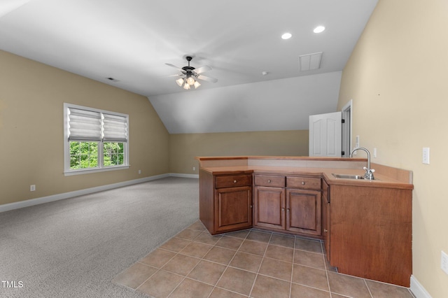 7212 Donneeford Rd, Wake Forest, NC 27587 - unfurnished office featuring a sink, ceiling fan, vaulted ceiling, baseboards, and light colored carpet
